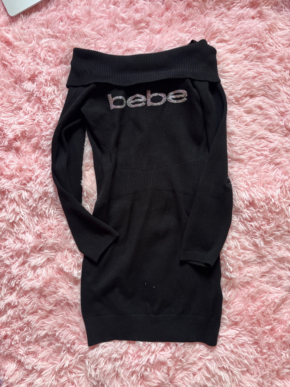 bebe Black Off-Shoulder Rhinestone Logo Sweater Dress